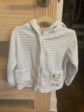 Gagou Tagou Hooded Striped Fleece Jacket - White & Light Blue 24m